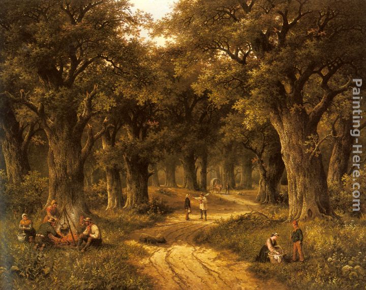 Peasants Preparing a Meal near a Wooded Path painting - Hendrik Barend Koekkoek Peasants Preparing a Meal near a Wooded Path art painting
